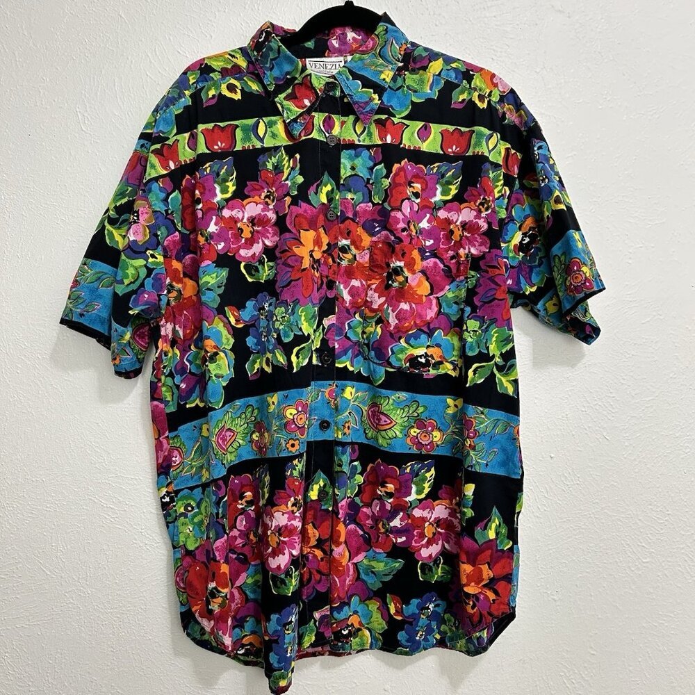 VTG‎ 90s Venezia Painted Print Floral Tropical Shirt Top Colorful Vacay Sz 18/20
